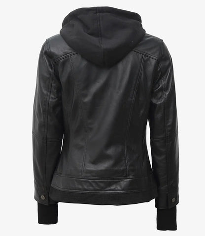 Real Leather Womens Black Bomber Jacket with Removable Hood