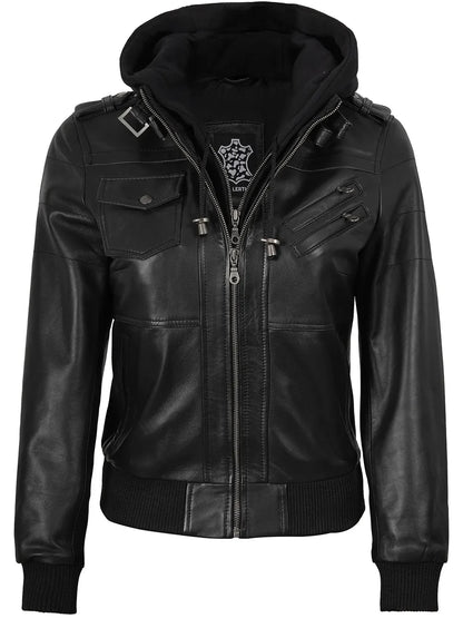 Real Leather Women's Bomber Black Jacket with Removable Hood