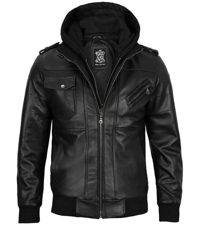 Edinburgh Men Black Bomber Leather Jacket With Removable Hood