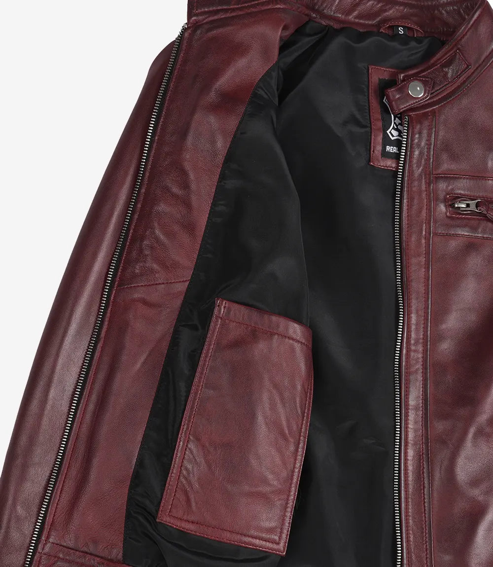 Johnson Women's Burgundy Quilted Cafe Racer Leather Jacket