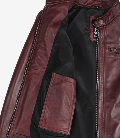 Johnson Women's Burgundy Quilted Cafe Racer Leather Jacket