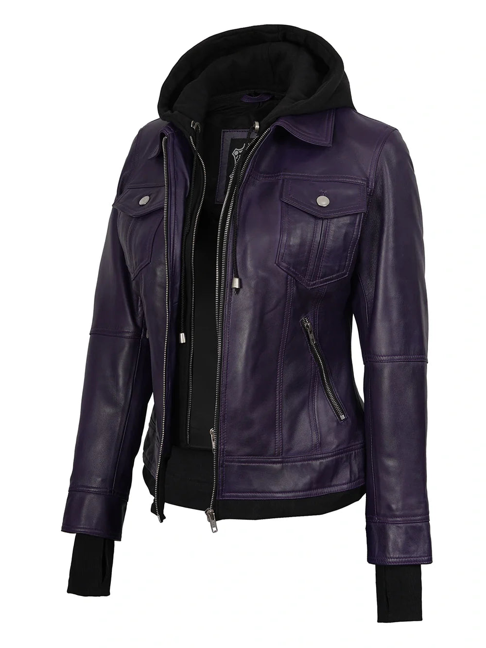 Women's Purple Leather Jacket with Removable Hood
