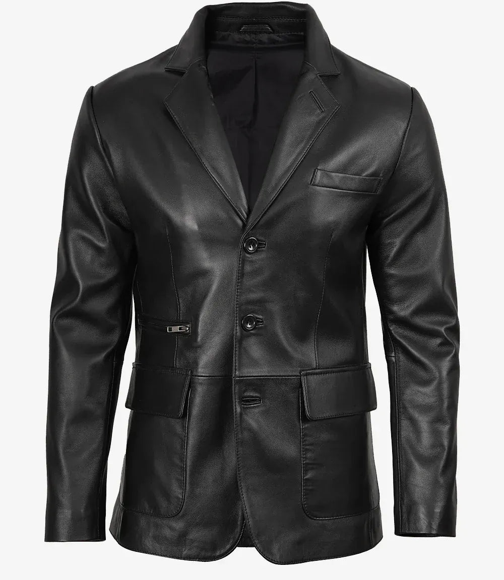 Men's Black Three Button Real Leather Blazer
