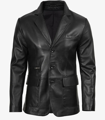 Men's Black Three Button Real Leather Blazer