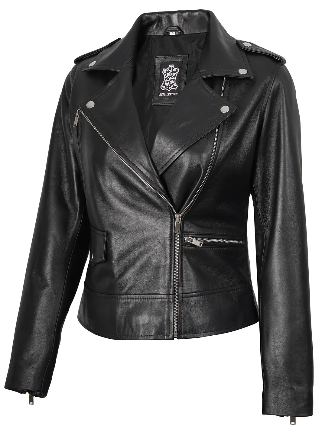 Amber Womens Asymmetrical Black Biker Style Leather Jacket