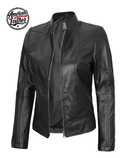 Amy Women's Black Cafe Racer Leather Jacket