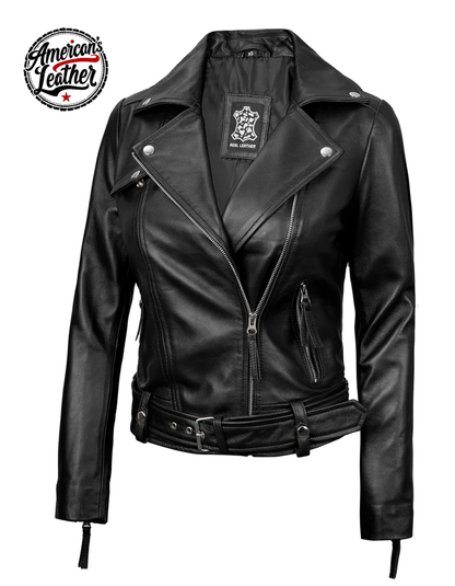 Angela Womens Black Asymmetrical Belted Leather Jacket