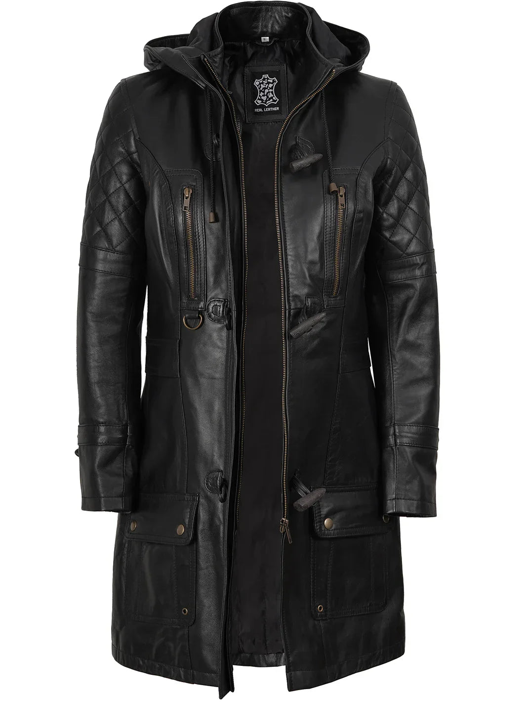 Women’s Black 3/4 Length Leather Coat With Hood
