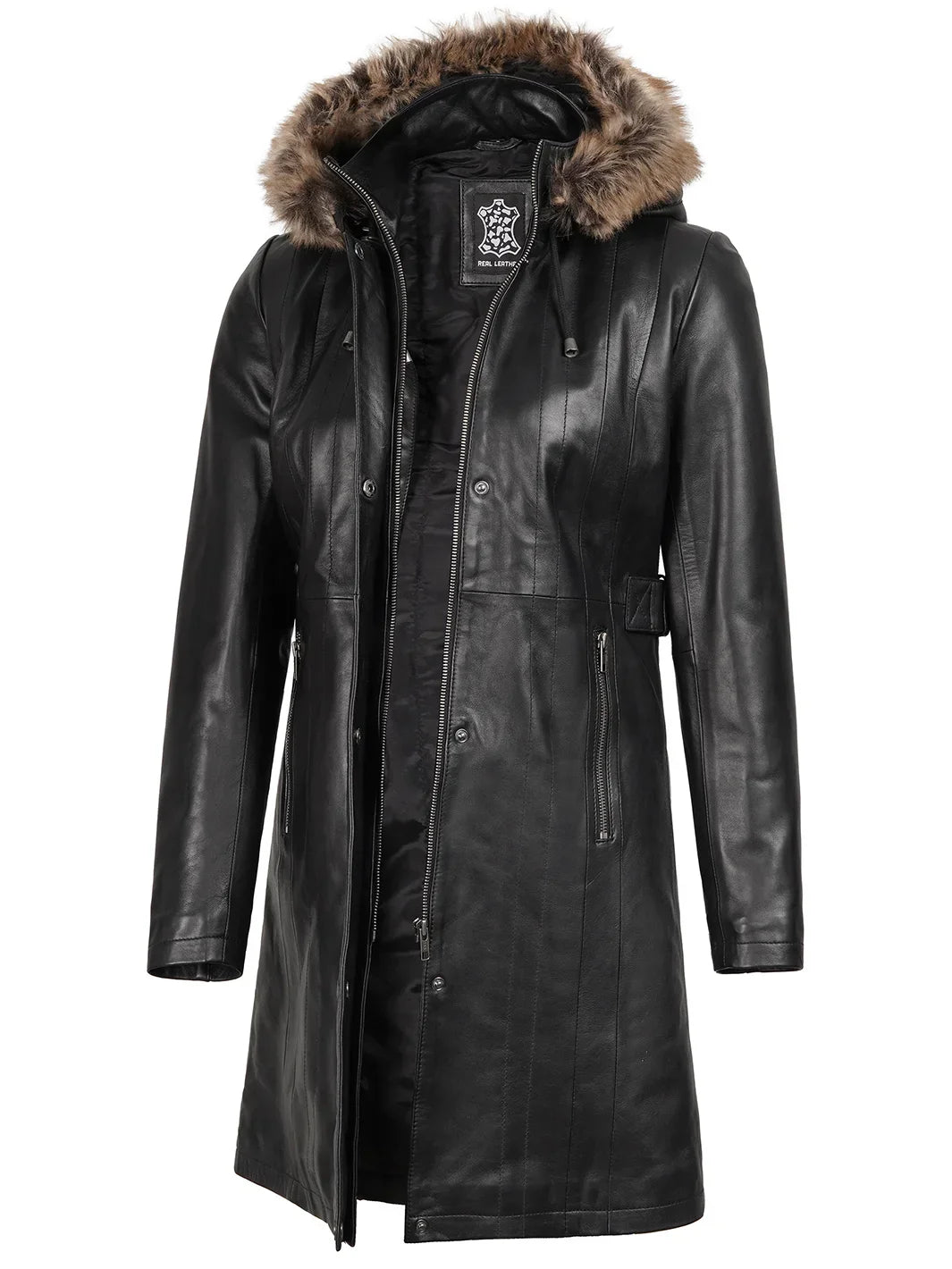 Women’s Black Real Lambskin Leather Hooded Shearling Coat
