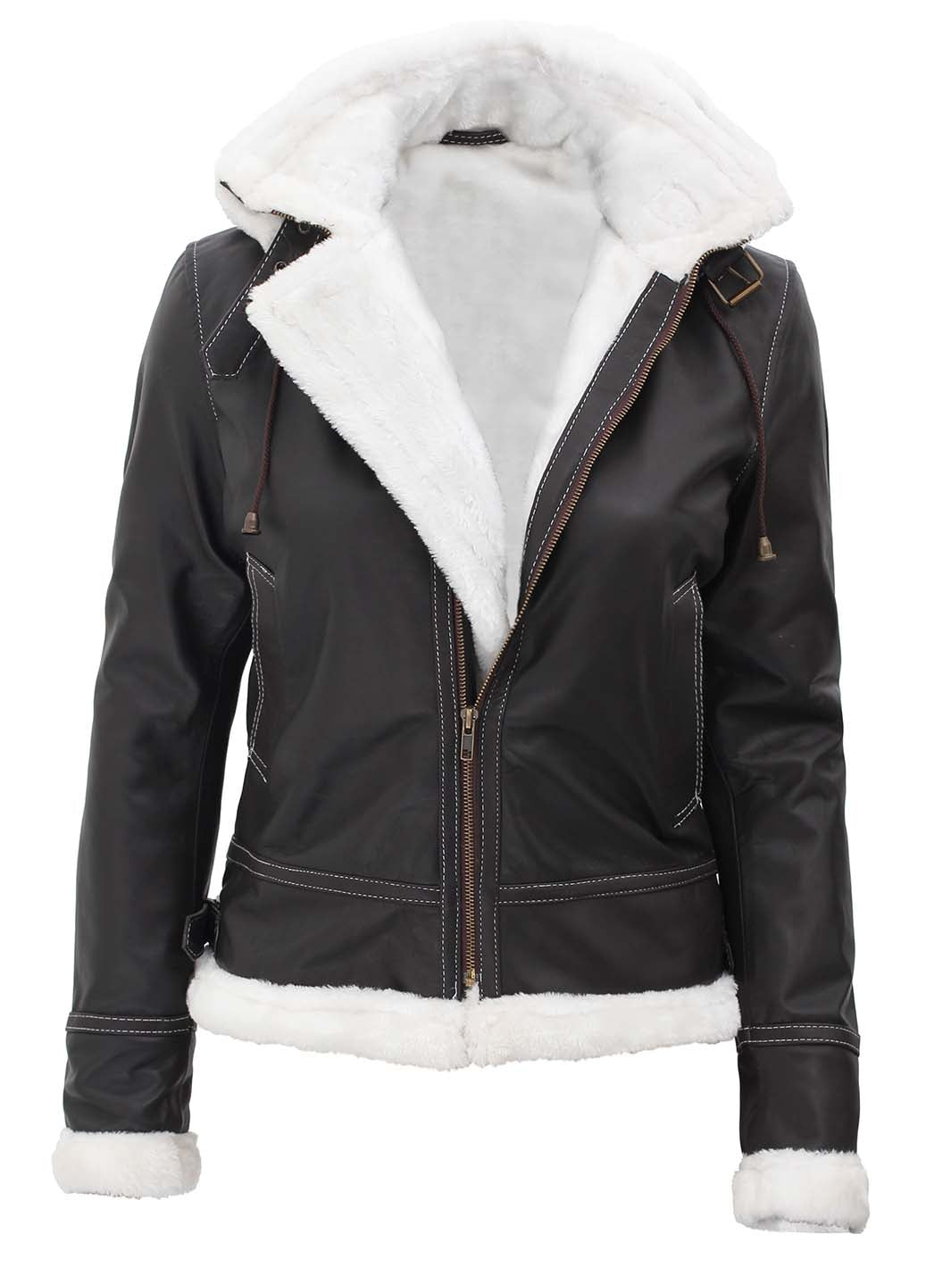 Womens Shearling Dark Brown Bomber Leather Jacket with Removable Hood