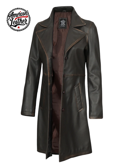 Bryson Women's Rub Off Dark Brown Leather Long 3/4 Coat