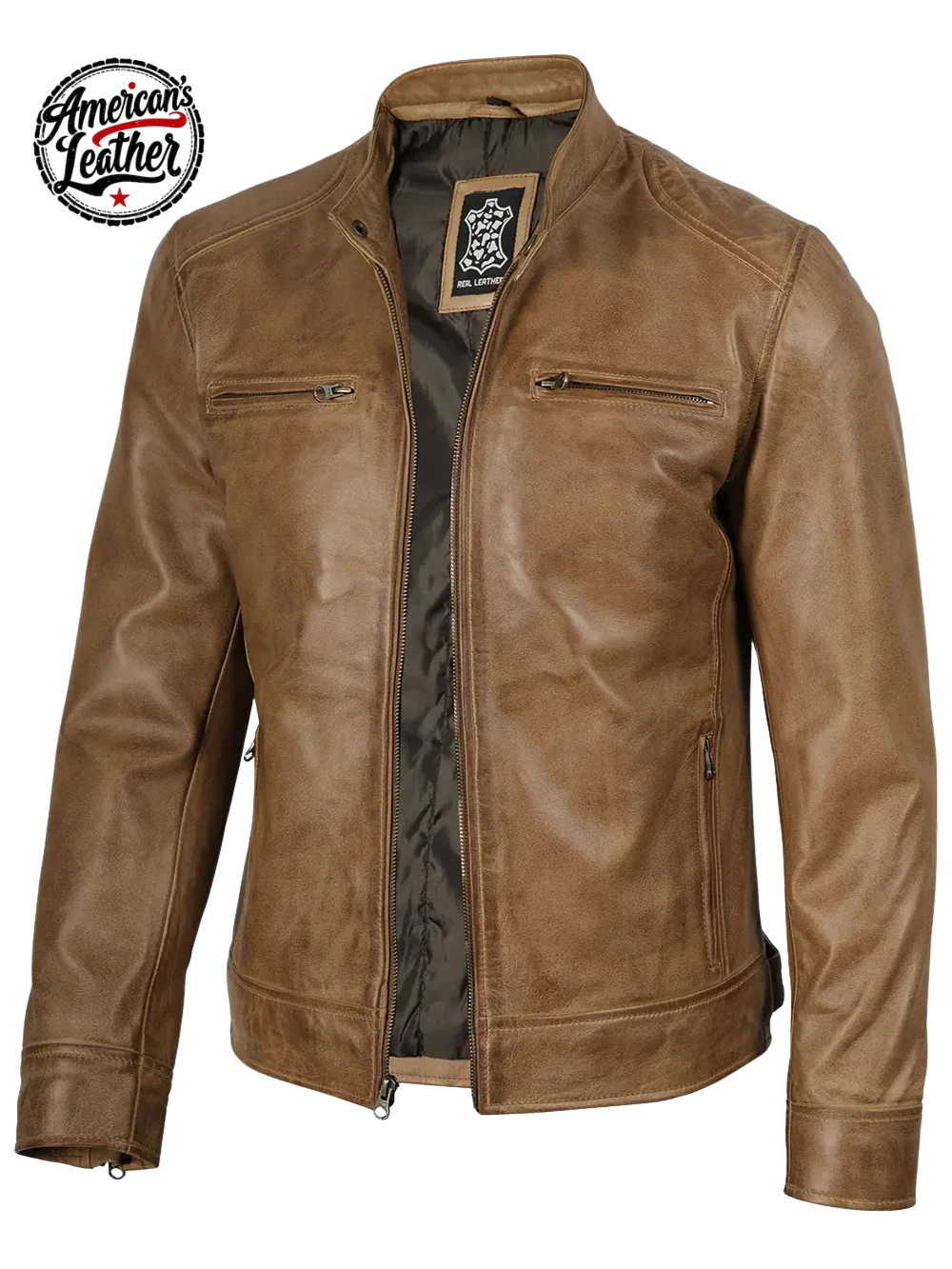 Dodge Men's Camel Brown Leather Cafe Racer Style Jacket