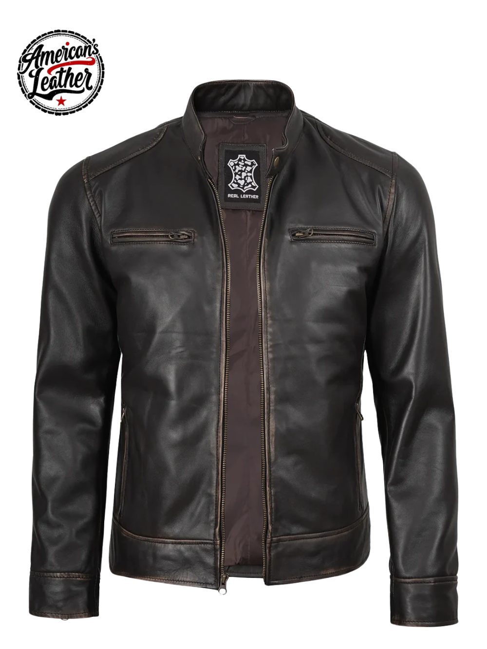 Dodge Men's Rub-Off Dark Brown Cafe Racer Style Leather Jacket