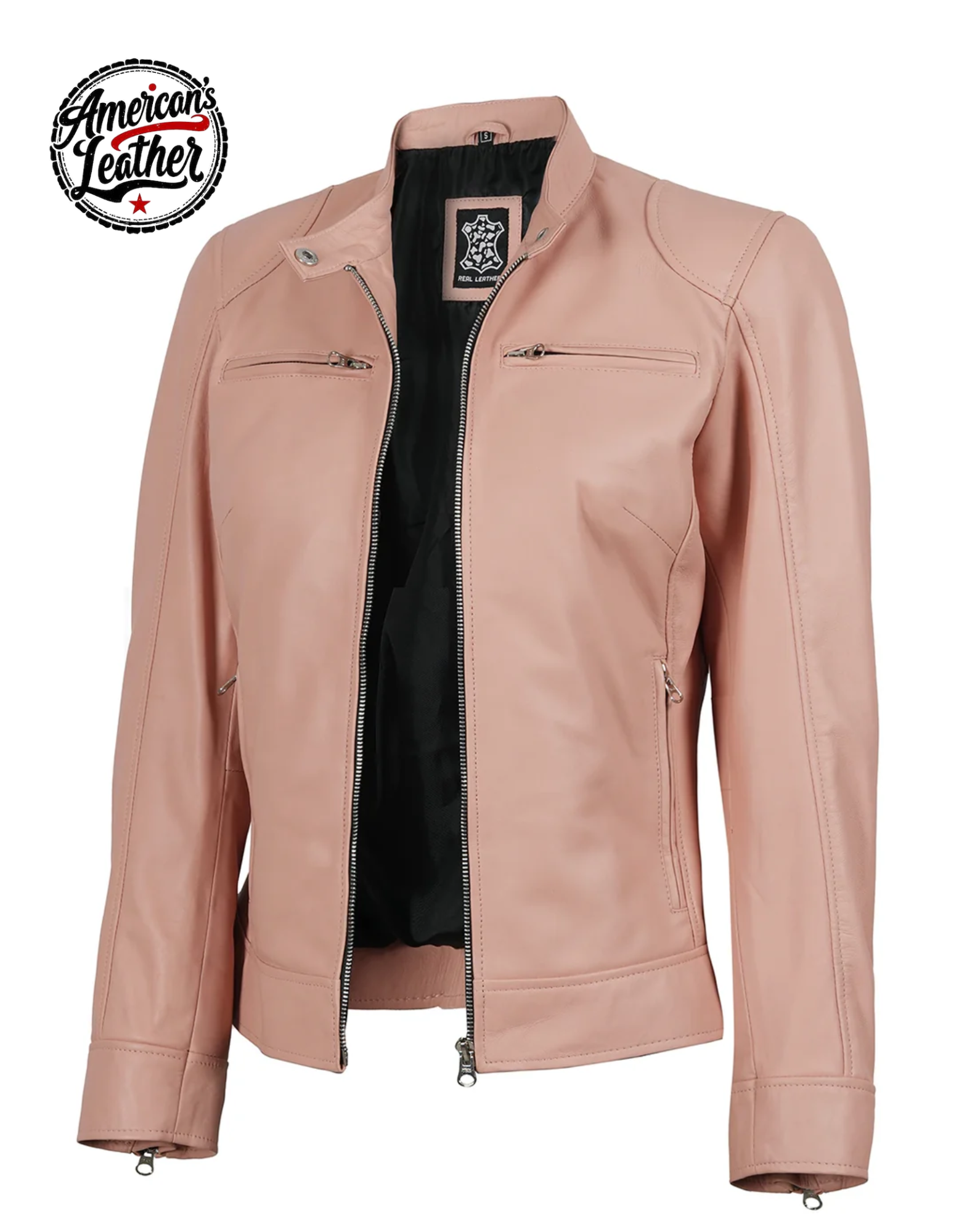 Dodge Women Light Pink Biker Style Leather Jacket