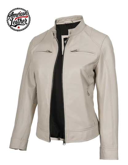 Dodge Women's Off White Cafe Racer Leather Jacket