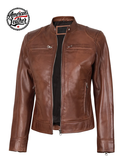 Dodge Womens Cognac Brown Biker Style Leather Jacket