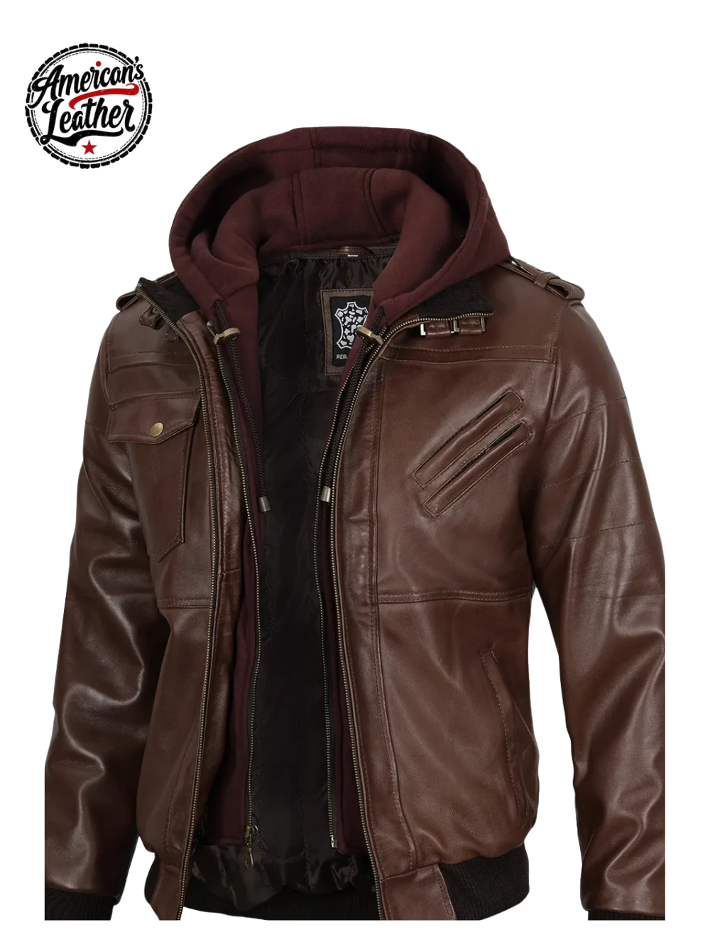 Edinburgh Men's Dark Brown Leather Bomber Jacket With Removable Hood