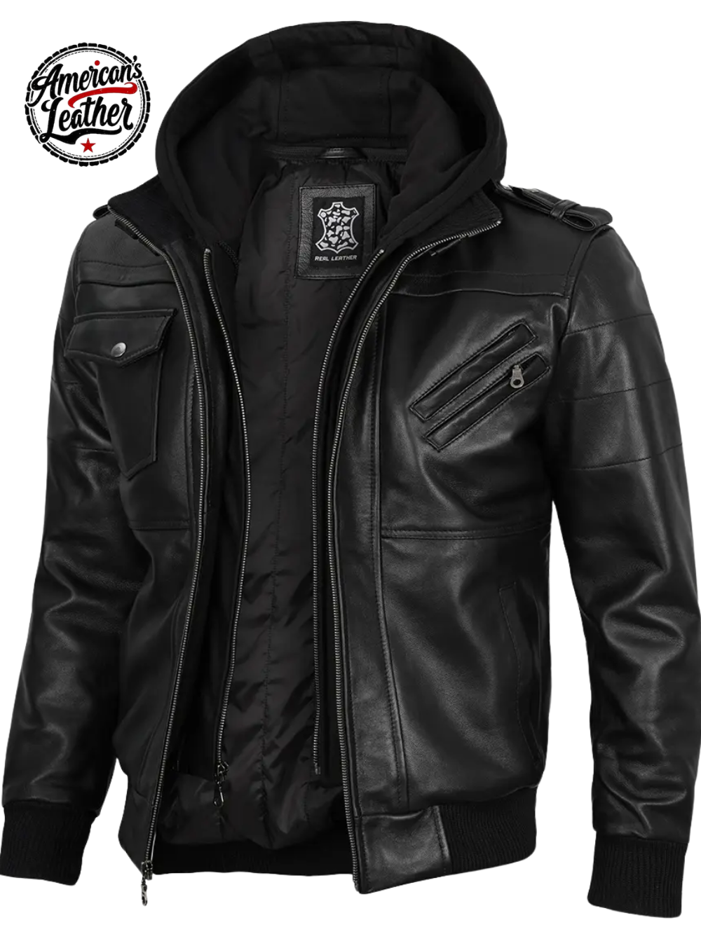 Edinburgh Men Black Bomber Leather Jacket With Removable Hood
