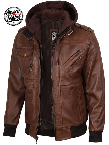 Edinburgh Mens Brown Bomber Leather Jacket With Removable Hood