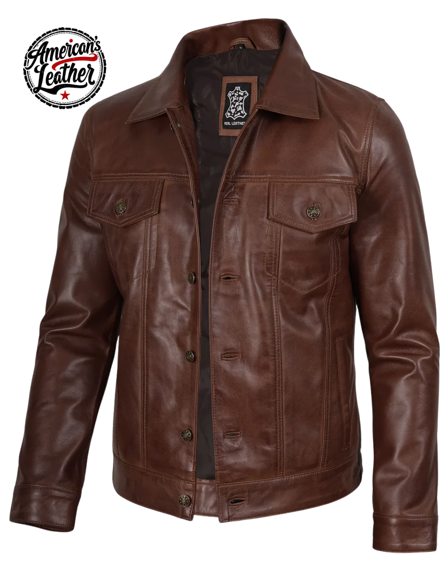 Fernando Men's Cognac Wax Harrington Leather Trucker Jacket
