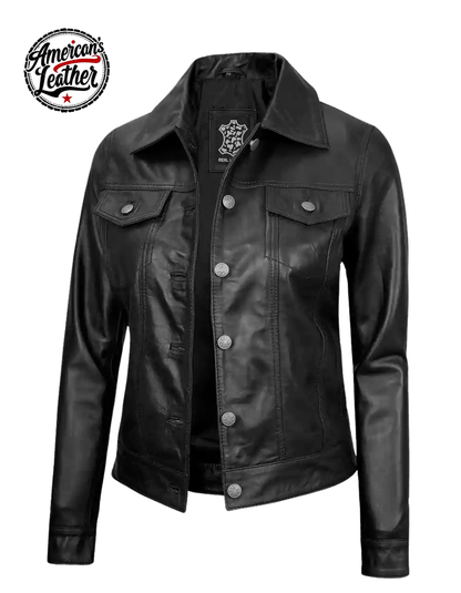 Fernando Women's Black Leather Trucker Jacket