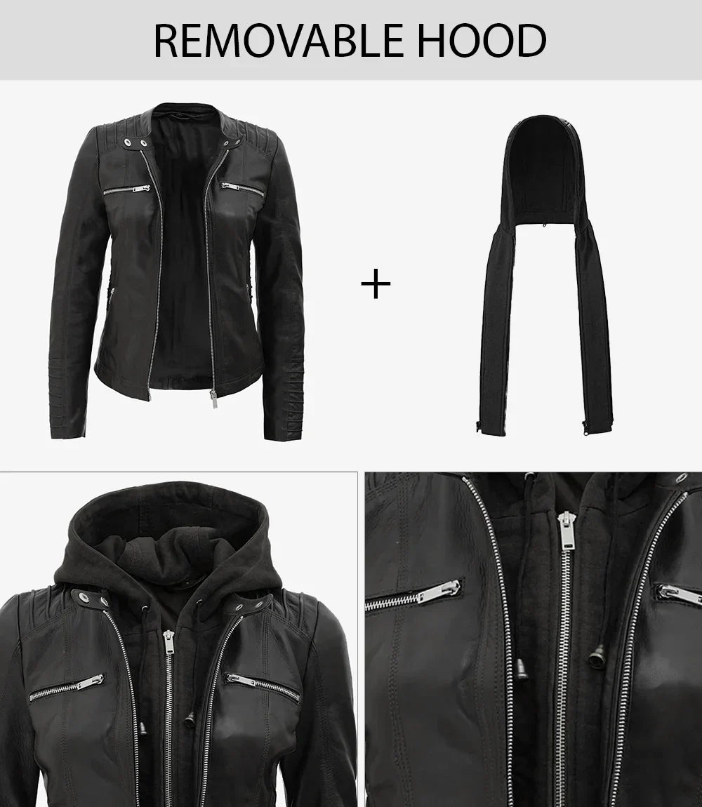 Women's Black Leather Jacket With Removable Hood