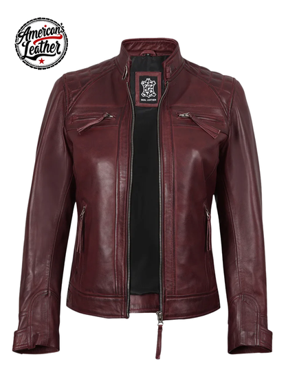 Johnson Women's Burgundy Quilted Cafe Racer Leather Jacket