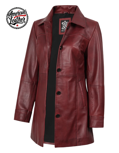 Kandis Women's Burgundy Real Leather Car Coat