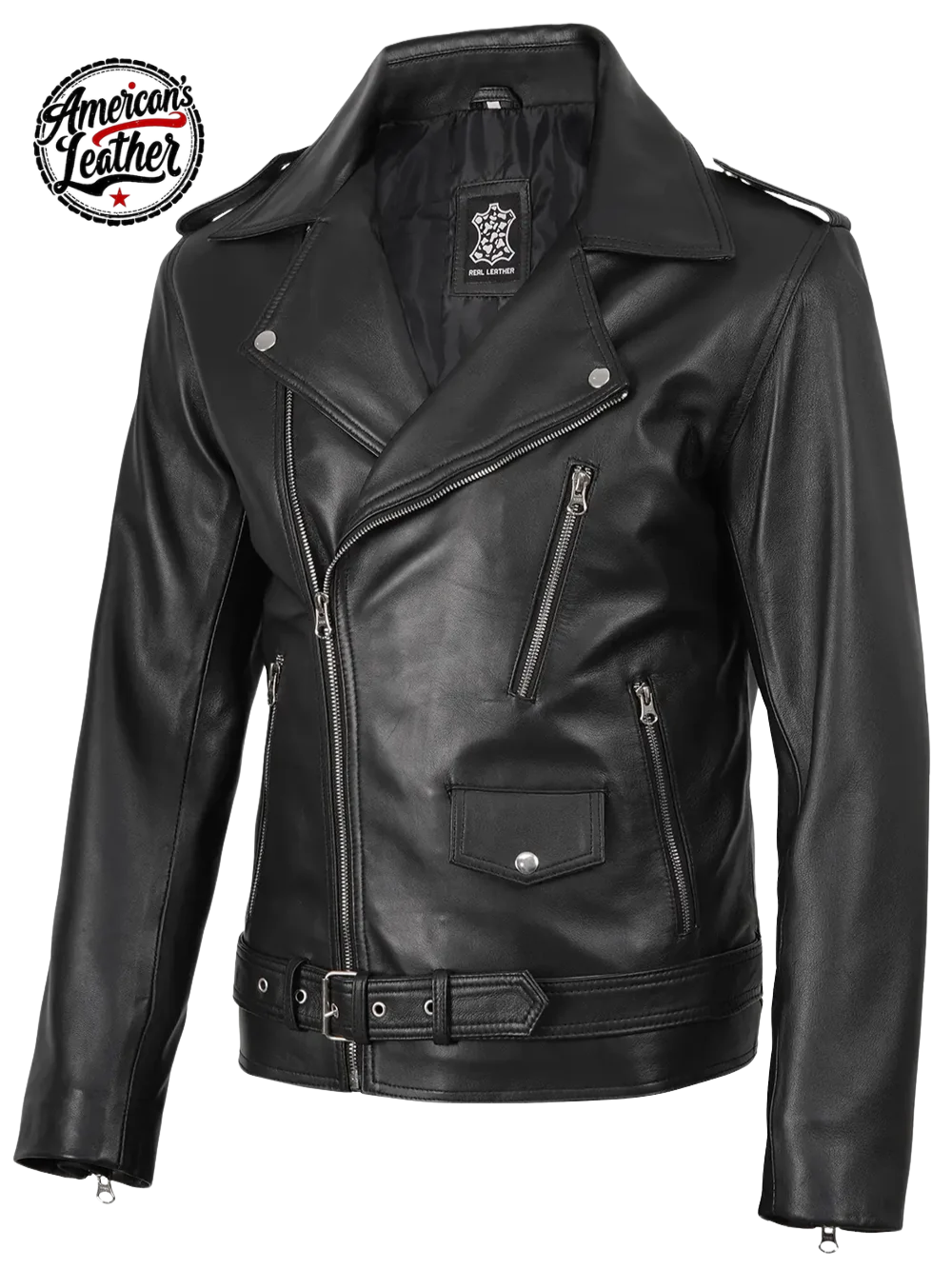 Men's Black Asymmetrical Belted Leather Biker Style Jacket