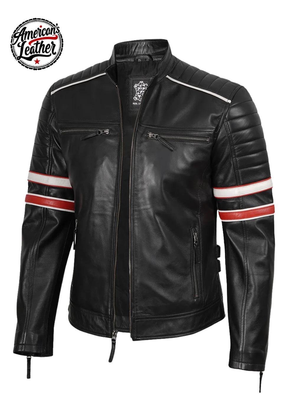 Men’s Black Cafe Racer Leather Jacket with Red & White Stripes