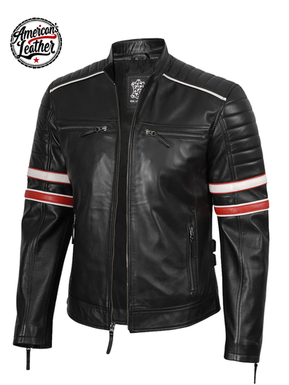 Men’s Black Cafe Racer Leather Jacket with Red & White Stripes