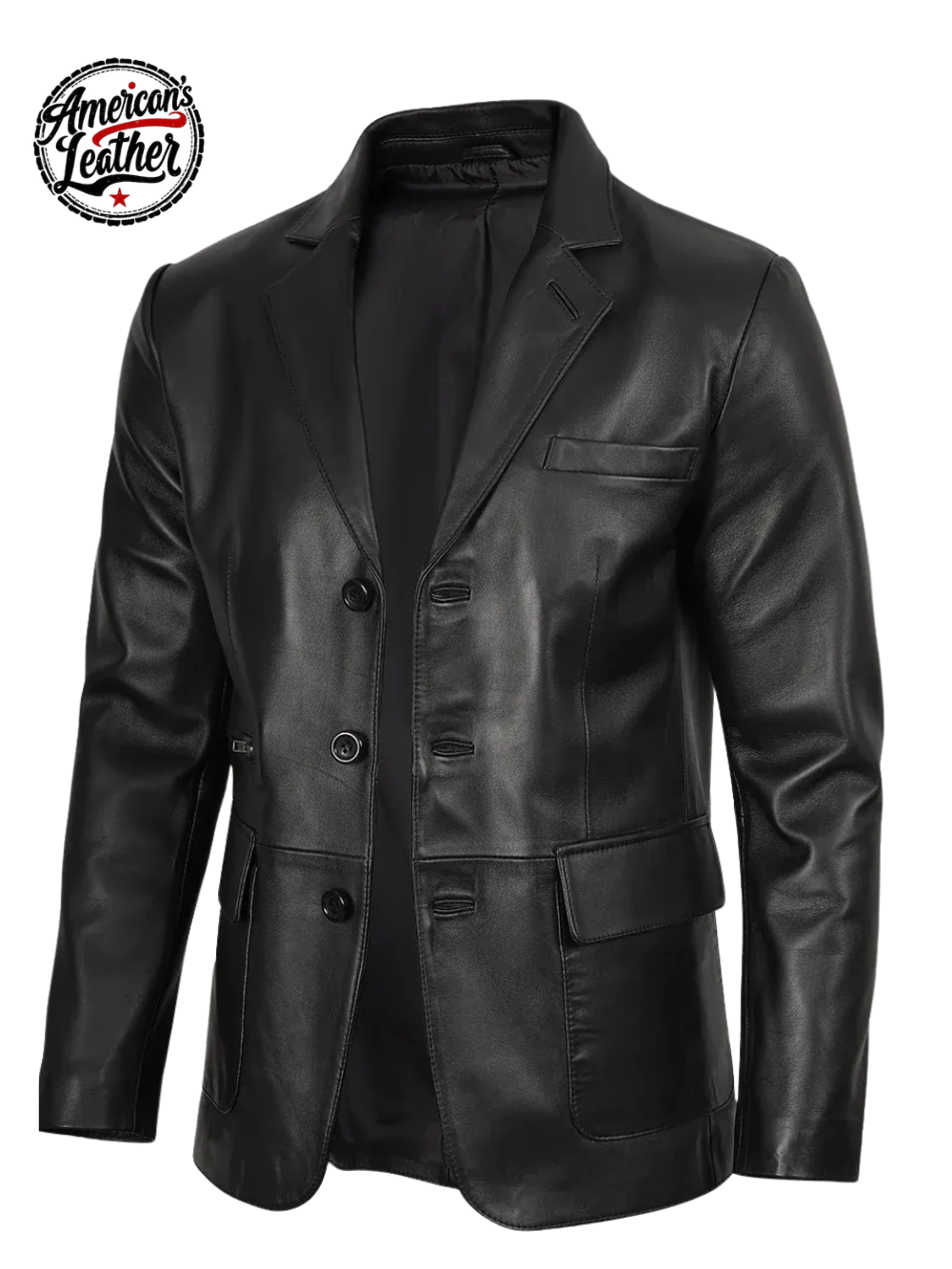 Men's Black Three Button Real Leather Blazer