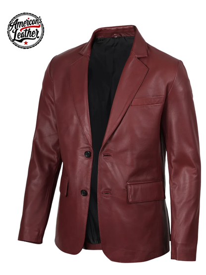 Men's Burgundy Real Leather Blazer