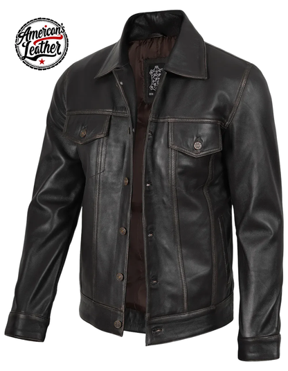 Men's Dark Brown Trucker Leather Jacket