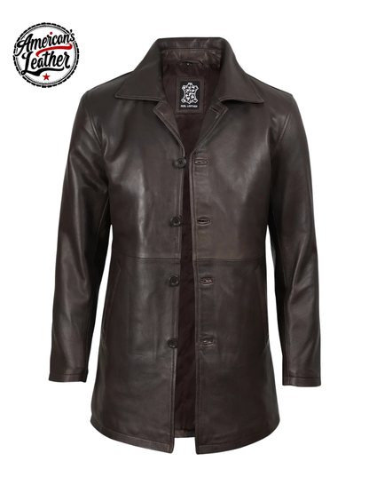 Men's Distressed Dark Brown Real Leather Car Coat