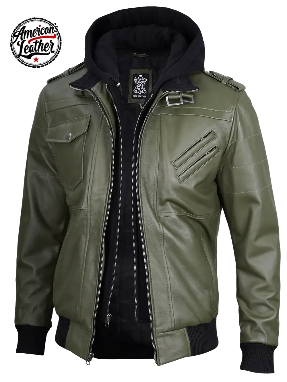Men's Military Green Leather Jacket with Removable Hood