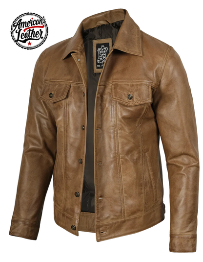 Men's Trucker Style Camel Brown Leather Jacket