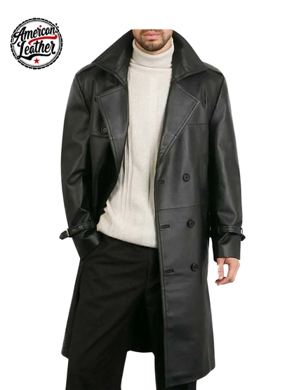 Men Belted Double Breasted Black Leather Trench Coat