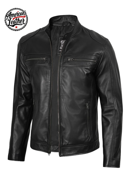 Men Black Lambskin Biker Leather Jacket