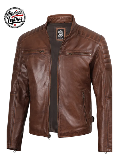 Mens Cognac Brown Cafe Racer Style Leather Jacket