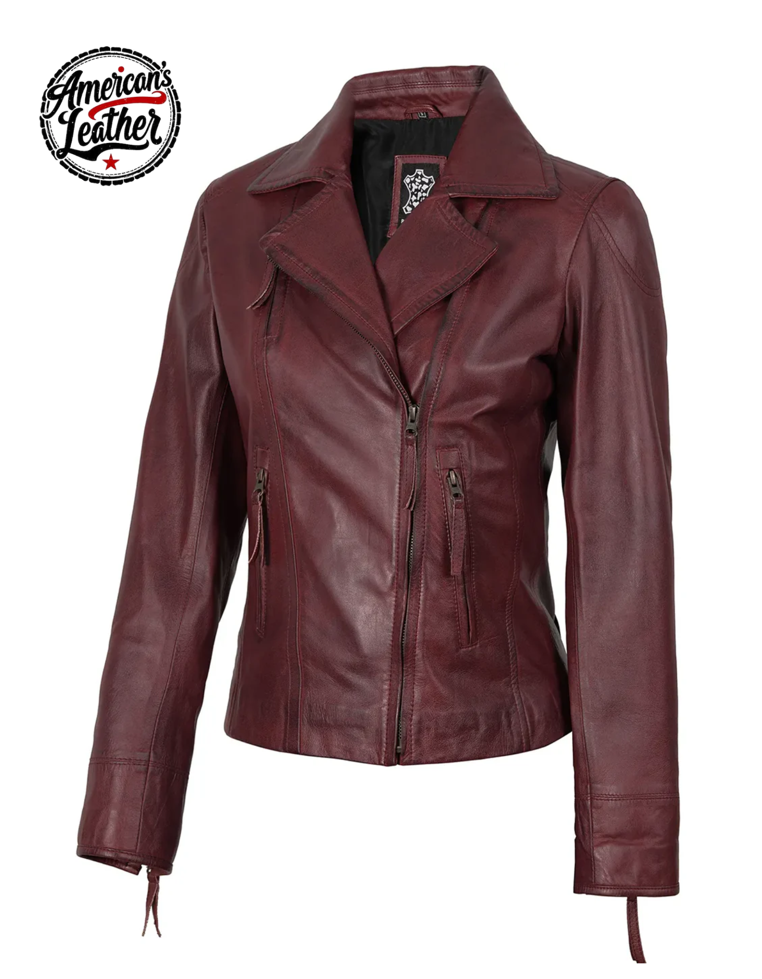 Ramsey Women's Burgundy Asymmetrical Leather Biker Style Jacket