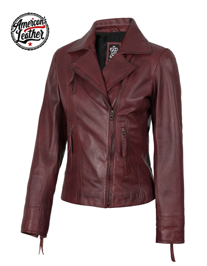 Ramsey Women's Burgundy Asymmetrical Leather Biker Style Jacket
