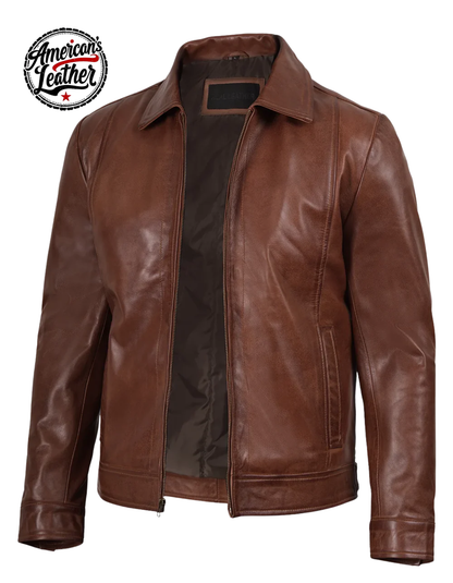 Real Leather Men's Brown Harrington Jacket