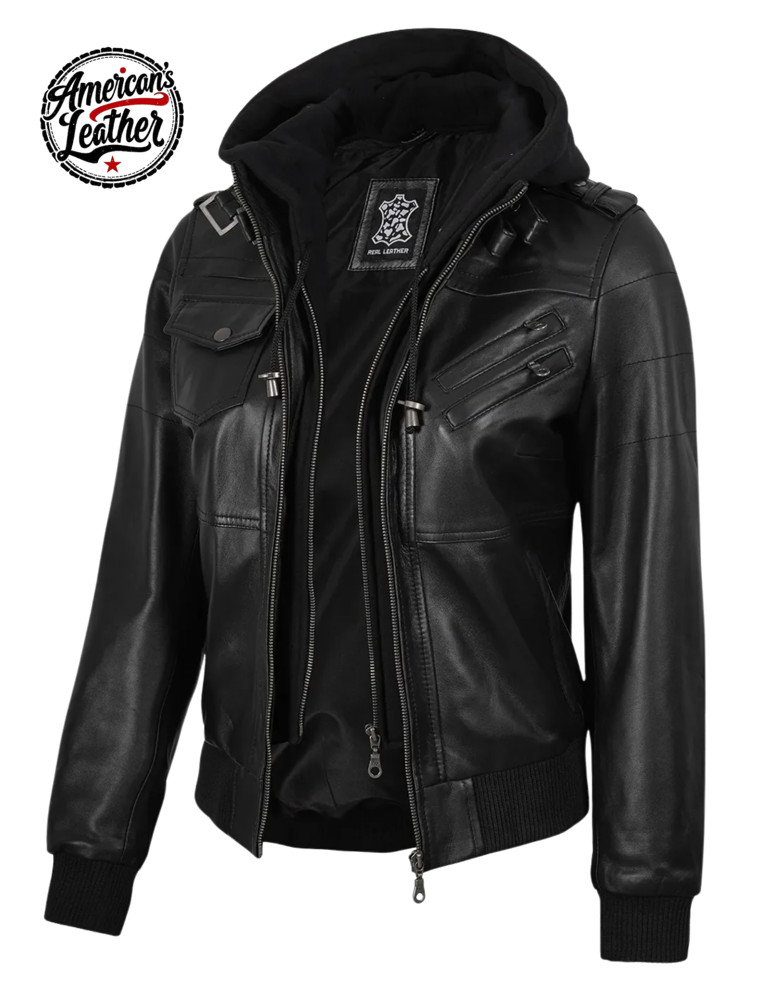 Real Leather Women's Bomber Black Jacket with Removable Hood