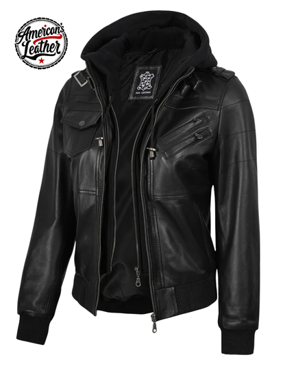 Real Leather Women's Bomber Black Jacket with Removable Hood