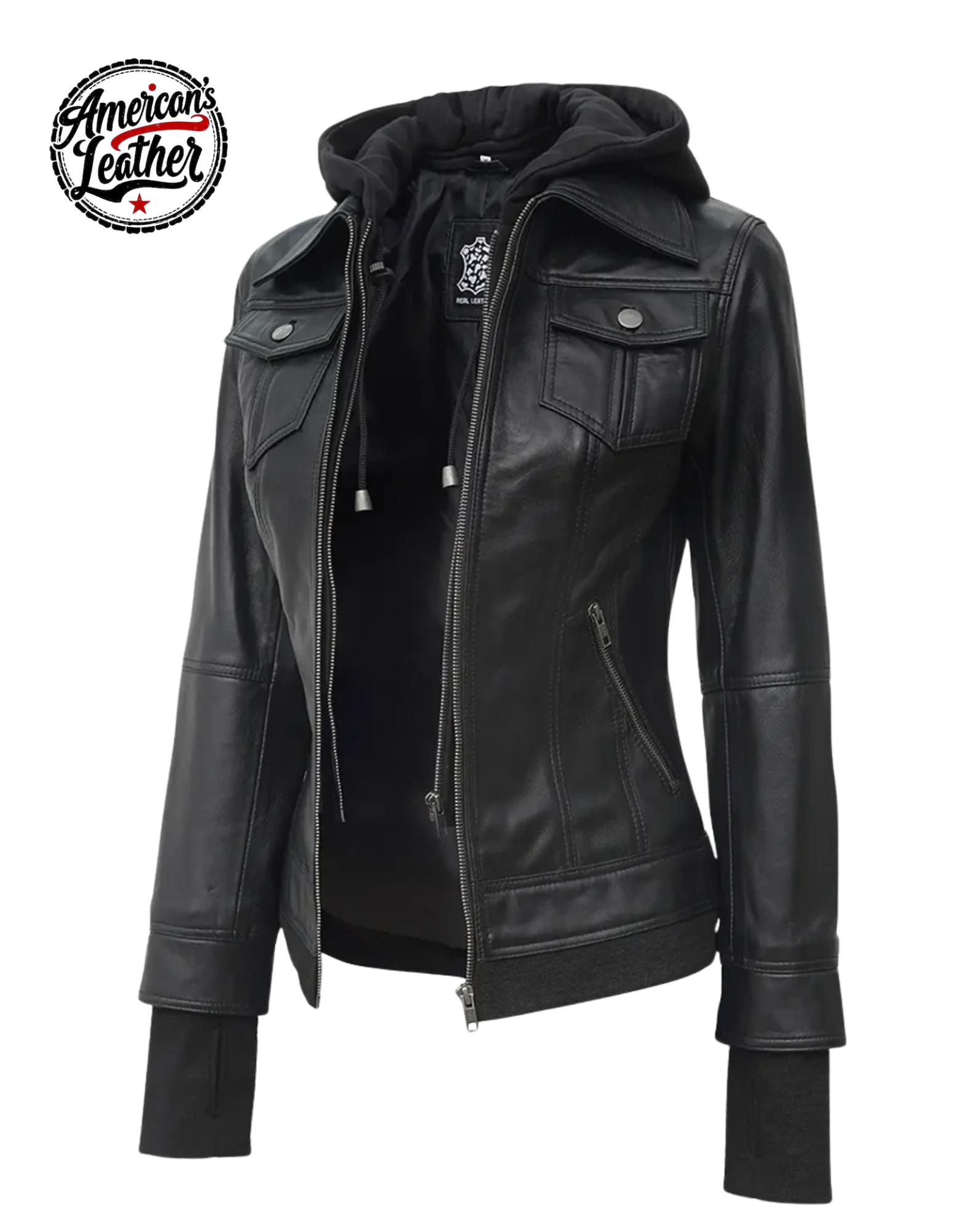 Real Leather Womens Black Bomber Jacket with Removable Hood