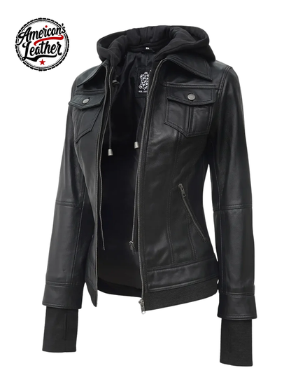 Real Leather Womens Black Bomber Jacket with Removable Hood