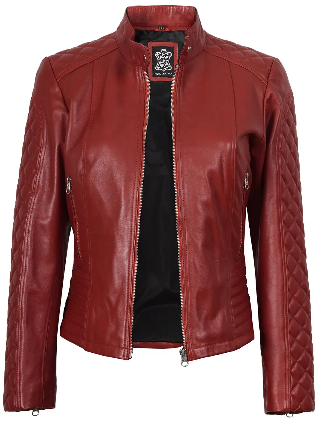 Womens Red Quilted Cafe Racer Leather Jacket