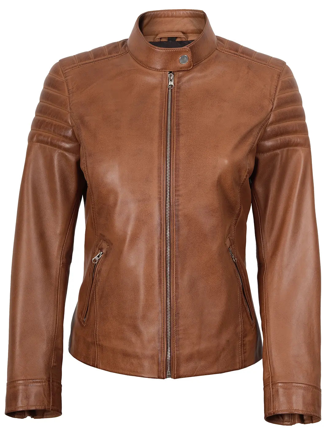 Womens Tan Brown Cafe Racer Style Leather Jacket