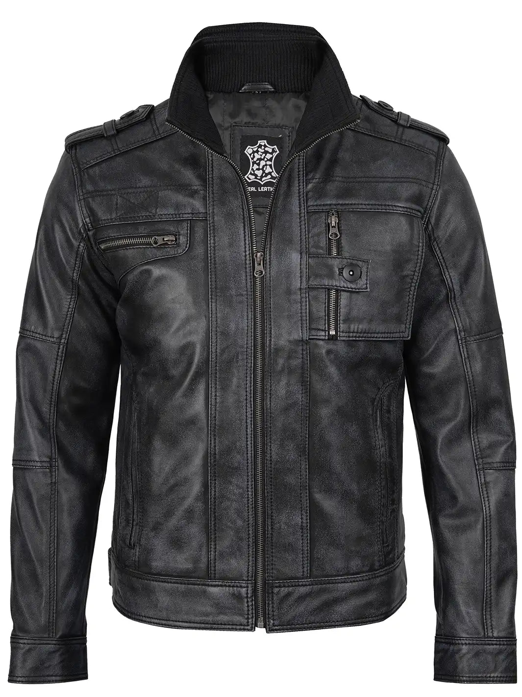 Tavares Mens Distressed Black Leather Biker Style Jacket